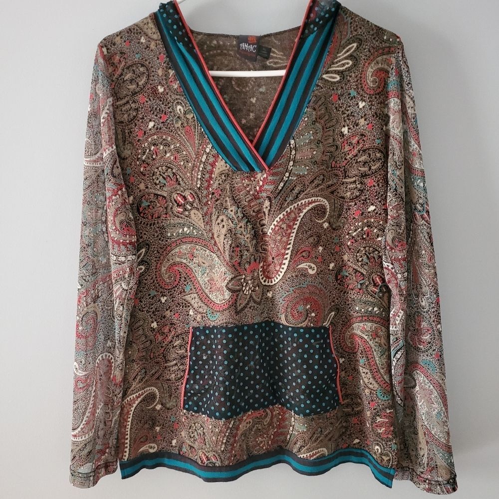 ANAC designed by kimi Sheer Paisley Hooded Kangaroo Pocket Art Pullover Size XL